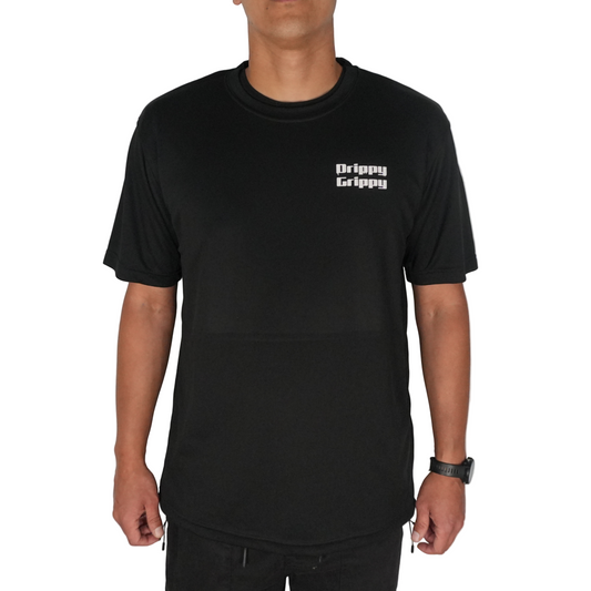 Person wearing a black Workout t-shirt with 'Drippy Grippy' logo on a plain background