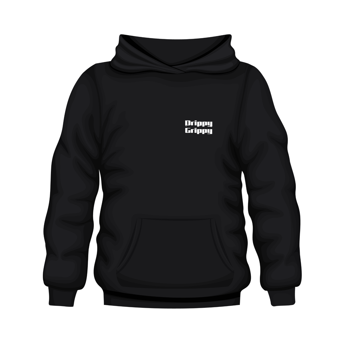 A black pullover hoodie with a small white text graphic reading 'Drippy Grippy' on the left chest, displayed on a solid white background.