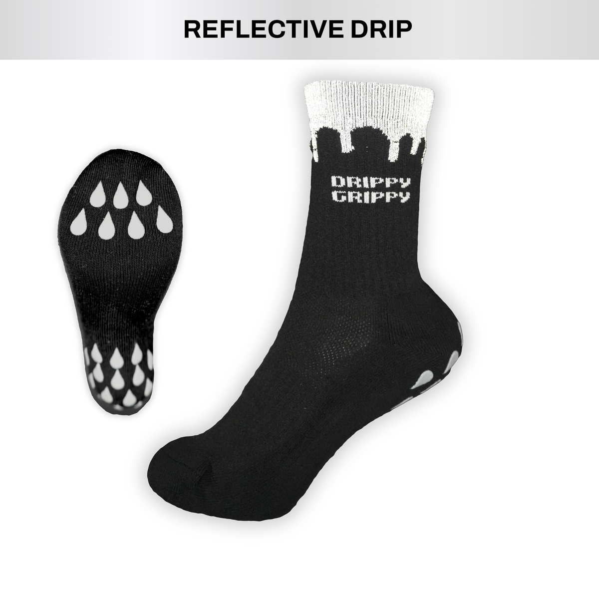 Reflective Black | Side and sole View Black Socks White Drippy Grippy branding