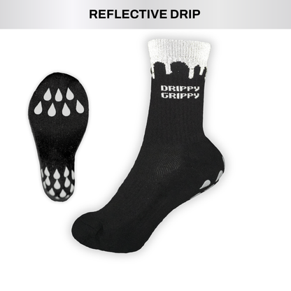 Reflective Black | Side and sole View Black Socks White Drippy Grippy branding