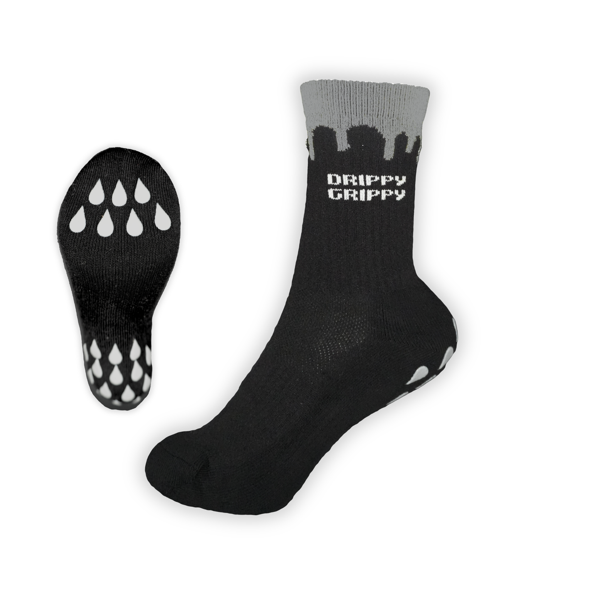 Reflective Black |  A pair of grip socks shown on a white background, with one sock upright displaying the black grip soles and white 'DRIPPY GRIPPY' text on the gray cuff, and the other sock laid flat showing the tread pattern.