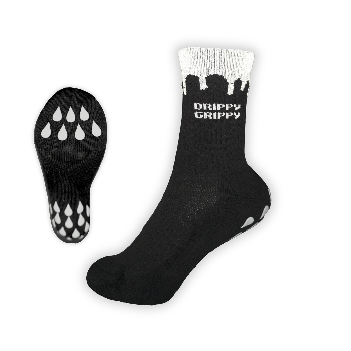 Reflective Black | Side and sole View Black Socks White Drippy Grippy branding