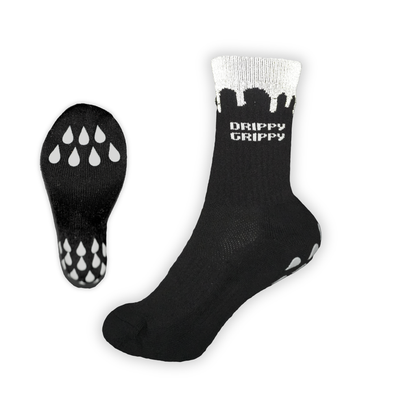 Reflective Black | Side and sole View Black Socks White Drippy Grippy branding