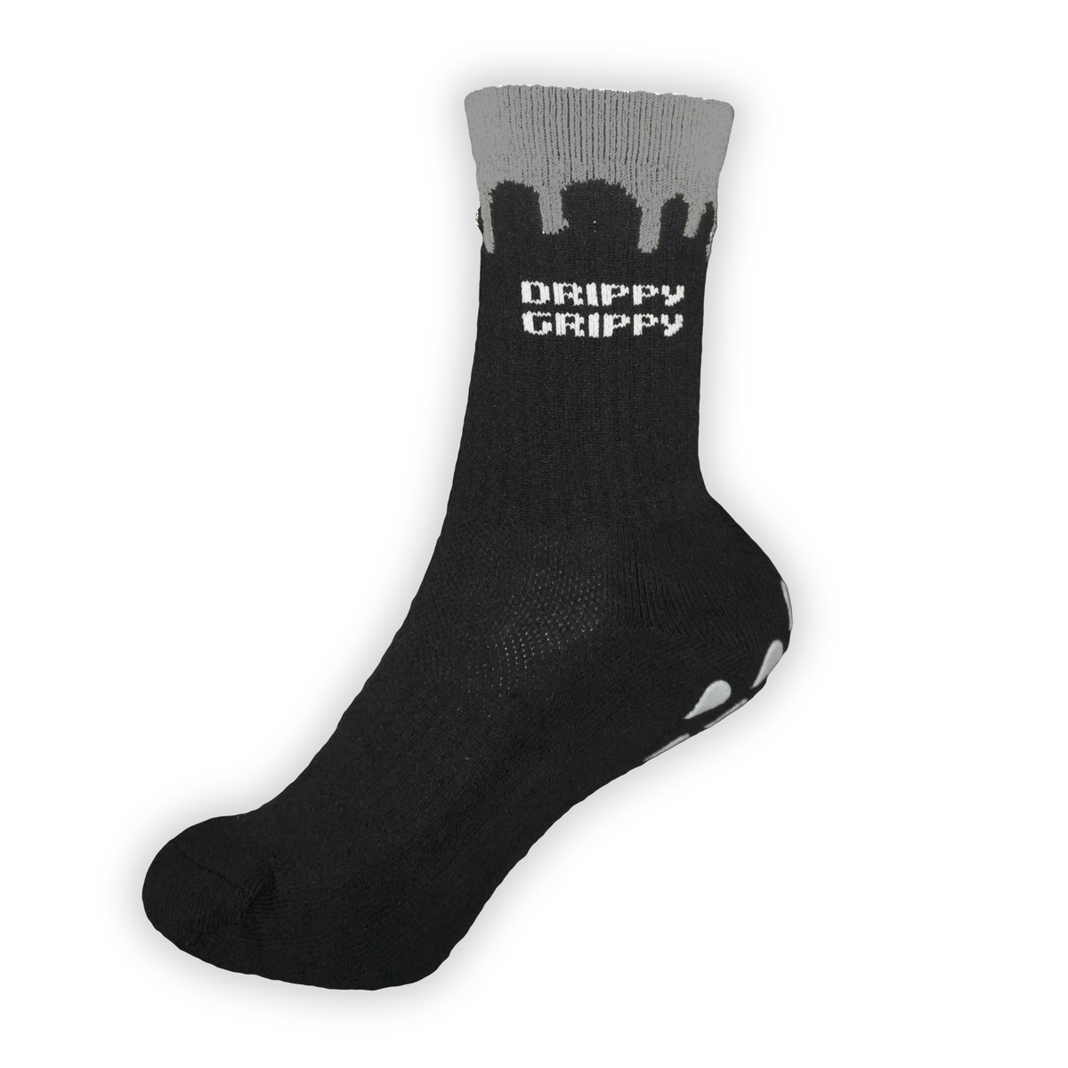 Reflective Black | A single black crew sock with a gray ribbed cuff featuring the words 'DRIPPY GRIPPY' in white on the side.