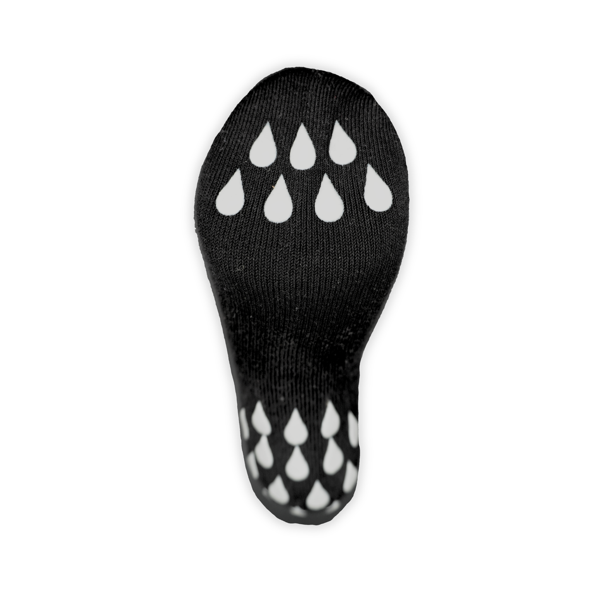Reflective Black | A black knit sock sole with white teardrop-shaped grip dots on the top and sole, shown against a plain white background.