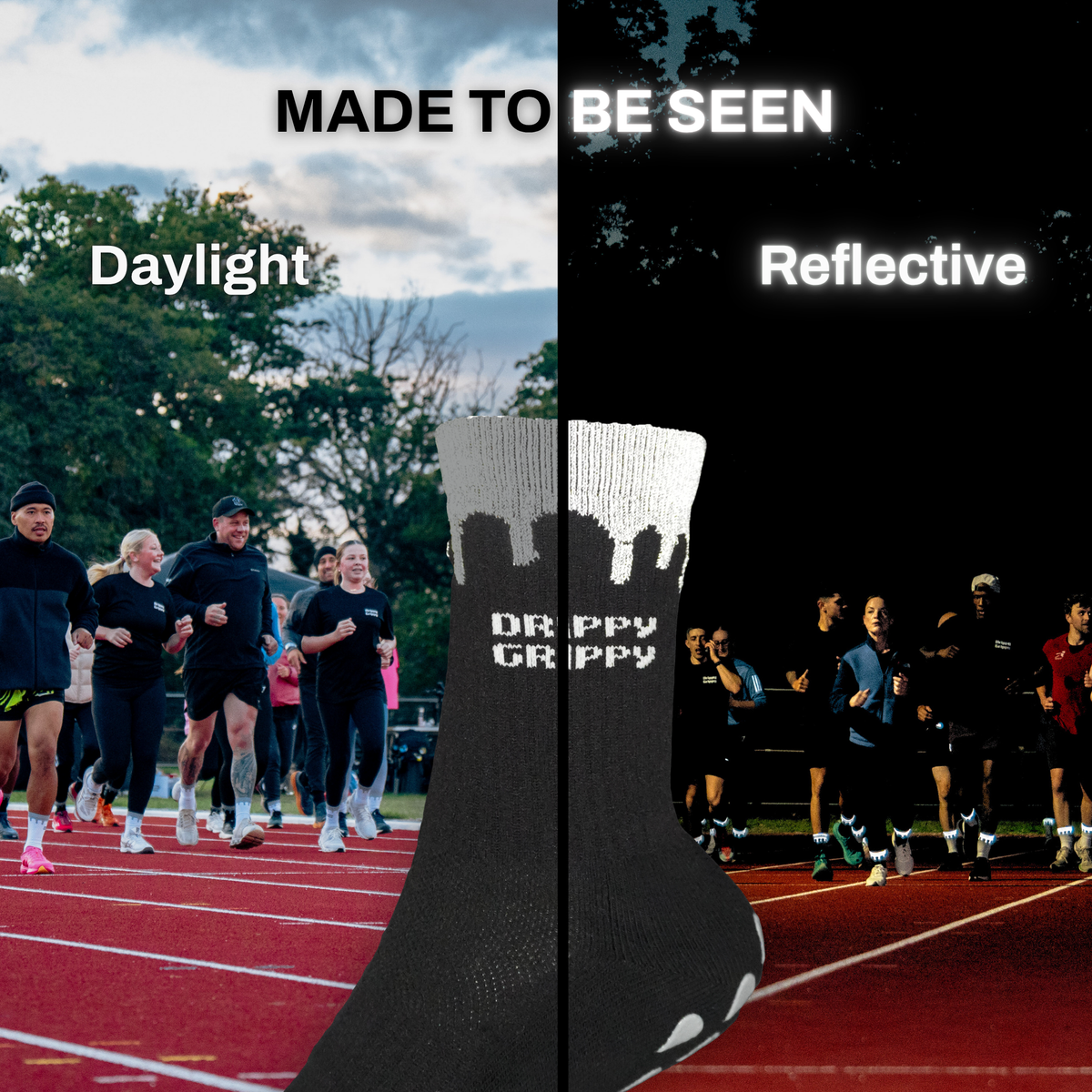 Reflective Black | A split comparison graphic showing a white athletic sock centered over two running-track scenes. The left side is labelled 'Daylight' and shows runners outdoors in daylight; the right side is labelled 'Reflective' and shows runners at night with reflective branding.