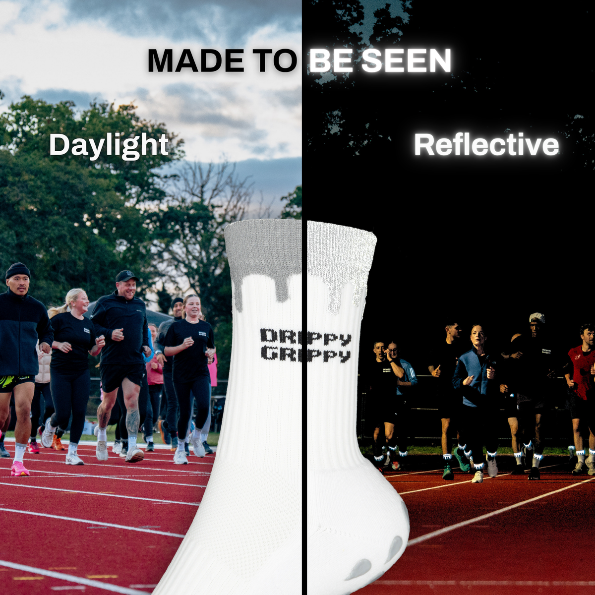 Reflective White | A split comparison graphic showing a white athletic sock centered over two running-track scenes. The left side is labelled 'Daylight' and shows runners outdoors in daylight; the right side is labelled 'Reflective' and shows runners at night with reflective branding.