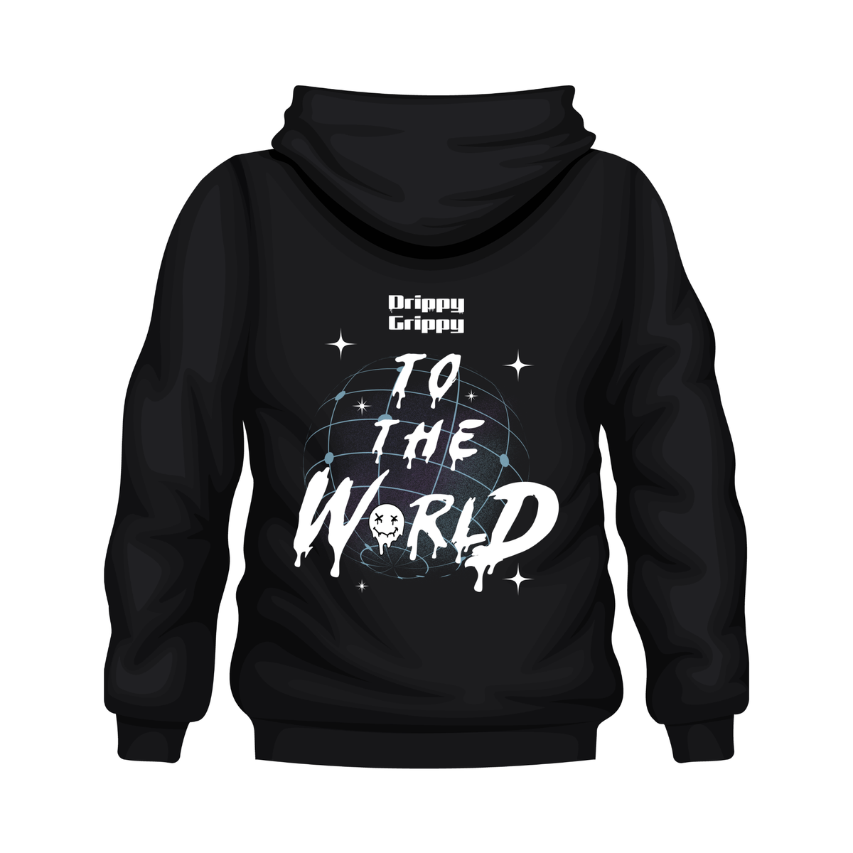 A black pullover hoodie shown from the back, featuring a graphic globe design  white dripping text reading 'To The World', and smaller white text that says 'Drippy Grippy'.