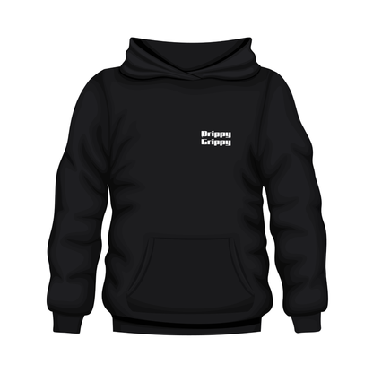 A black pullover hoodie with a small white text graphic reading 'Dippy Grippy' on the left chest, displayed on a solid white background.